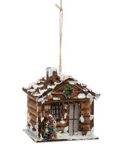 Christmas House Ornament Set of 2 Lights Up 4" High Snowy Log Cabin Hanging Rope