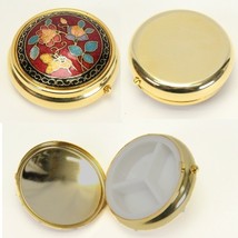 Pill Box Cloisonne Enamel Flower Top Metal Case 3 Compartments 2&quot; Diameter - $19.59