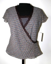 Emma James Blouse Shirt Top 12 Petite 12p  Brown Blue Wrap Lace Lined  N... - £27.02 GBP