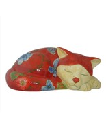 Cat Figurine Sleeping 10&quot; Long Ceramic Orange Calico Tabby Whimsical Floral - $36.30 CAD