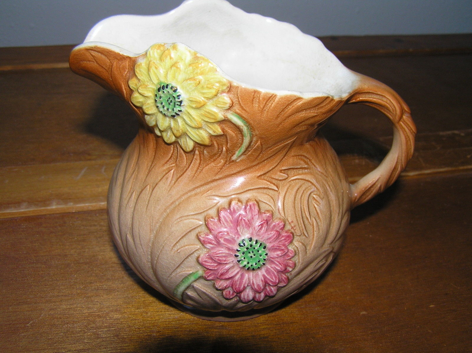 Vintage Small Staffordshire Handpainted Yellow Pink Dahlia Flower Brown Pitcher - £22.12 GBP