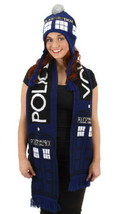 Doctor Who Knitted Blue Tardis Design Scarf and Pom Beanie Hat Set UNUSED - $24.18