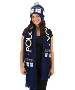 Doctor Who Knitted Blue Tardis Design Scarf and Pom Beanie Hat Set UNUSED - £19.02 GBP