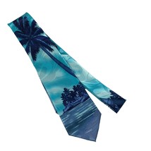 Tropical Hawaii Mens Tie Hand Made Blue Aqua Ocean Waves Palm Tree Polyester - £11.46 GBP