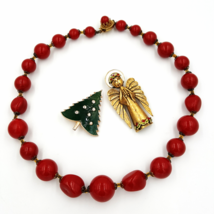 Vintage Jewelry Collection, ART Angel &amp; Christmas Tree Pins, Beaded Neck... - $29.00