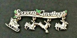 Jonet Jewels Season&#39;s Greetings Brooch Pin 2.75&quot;  Pewter Santa Sleigh Re... - £18.46 GBP
