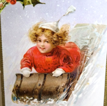 Christmas Postcard Child Girl Sledding Down Hill Dennison Vintage Embossed Sled - £19.68 GBP