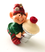 Thimble Elf Holding Cupcake in Thimble Hallmark Christmas Ornament 1983 QX401-7 - £6.26 GBP