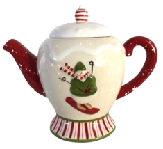 Debbie Mumm Skiing Snowman Teapot 7.5&quot; Tall with Lid JoAnn Red Cream Whi... - $21.29