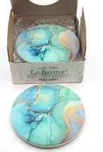 Lahome Small But Mighty Blue Gold Marble Effect Coasters with Cork Botto... - $27.95