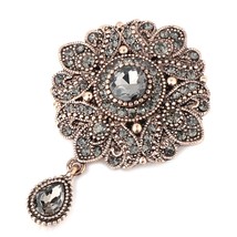 Vintage Gray Crystal Flower Turkish Brooch Pin For Women Antique Gold Arabesque  - £6.31 GBP