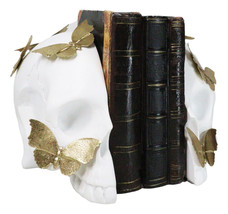 Metamorphosis Golden Butterflies On White Skull Halves Figurine Bookends... - £70.84 GBP