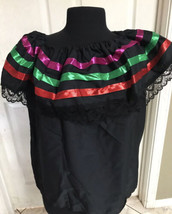 Black Women Size XL Off-Shoulder Ruffle Top Lace Ribbon Folkloric Fiesta... - $21.73