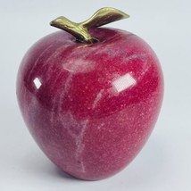 Red Polished Stone Apple Paperweight w Gold Brass Stem Leaf Teacher Gift... - $14.65