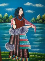 Colorful Acrylic Scroll Painting On Canvas Of Woman In Beautiful Dress by Water - £39.97 GBP