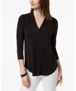 Charter Club Black White Polka Dot V Neck Stretch Blouse Top Elbow Sleev... - $249.56 MXN