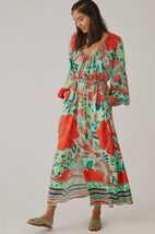Farm Rio Anthropologie Poppy Print Maxi Dress XS Belted Green w BELT - $125.00
