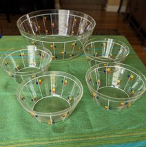 Vintage MCM Glass Chip Dip Set, 5 bowls Geometric Primary Dots Blue Yellow Red - £45.85 GBP