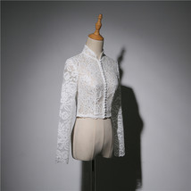 White Retro Square Neck Lace Shirt Button Down Wedding Bridal Lace Crop Shirts image 4