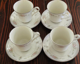 Mikasa Hamilton Cups Saucers 4 of Each Fine China Mad in Japan L9032 Silver Trim - £28.77 GBP