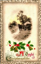 Holly Bells Winter Scene Iced Border A Joyful Christmastide 1910s DB Postcard - £3.05 GBP