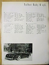 Talbot Baby 6 cyl. Automobile Specification sheet-1953 - $2.97