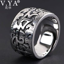 Genuine Silver 925 Six Word Ring For Men Big Wide Open Rings Buddha Clear Engrav - £43.95 GBP