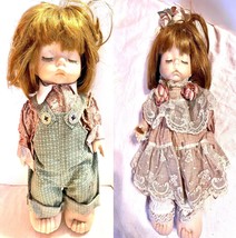 Vintage Set of 2 Porcelain Face Twin  Doll Set 12 In High Closed Eyes Cloth Feet - £13.80 GBP