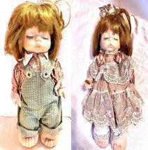 Vintage Set of 2 Porcelain Face Twin  Doll Set 12 In High Closed Eyes Cloth Feet - £13.14 GBP