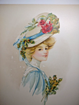 Victorian Art Print Women In Fancy Hat Holding Flowers Lithograph 1908 Original - £23.53 GBP