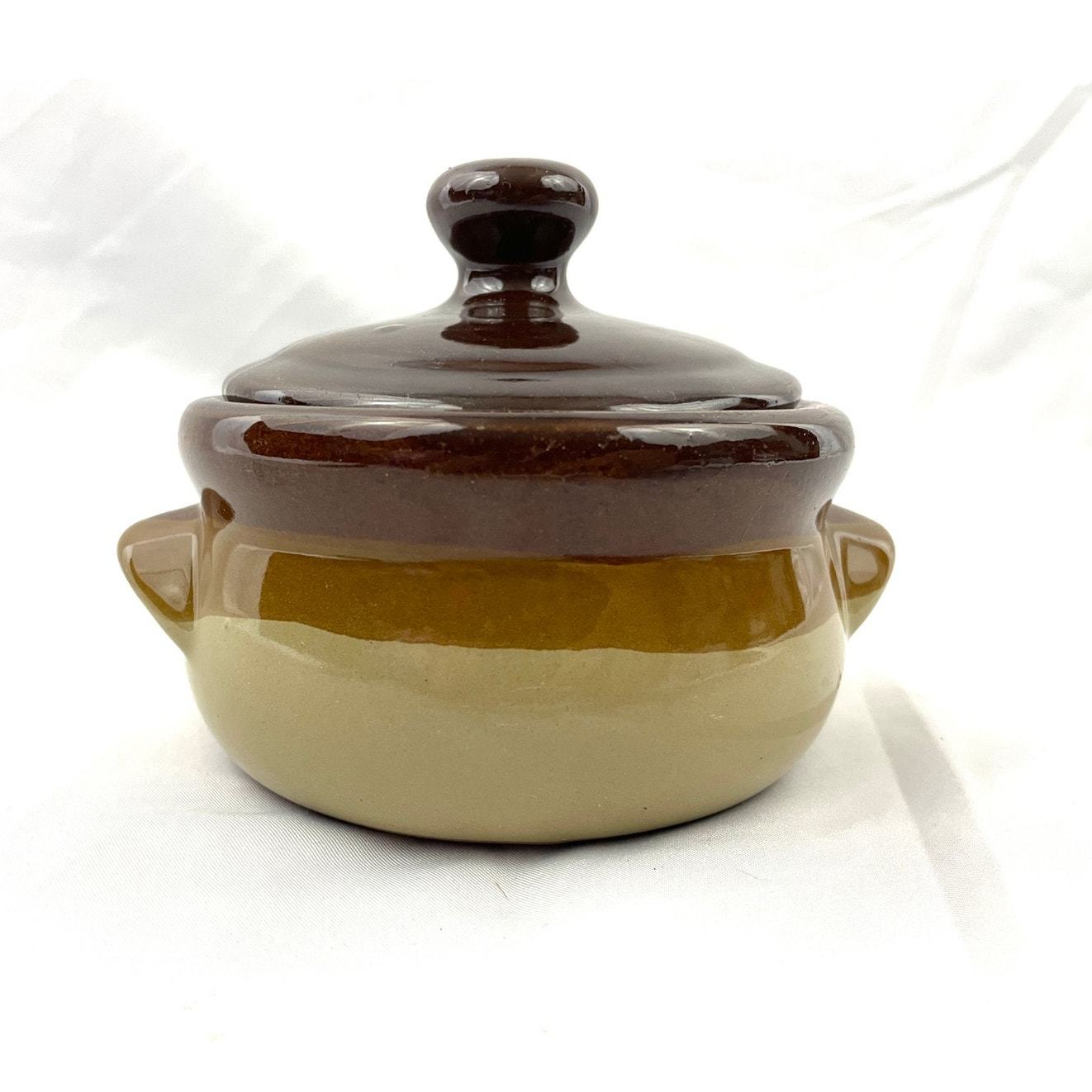 VTG Stoneware Pottery Bean Pot Double Handled Brown 3 Tones Small - $19.79