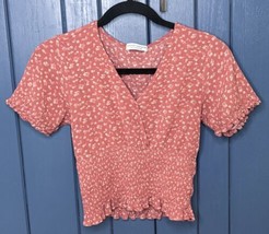 Salmon Floral Crepe Fabric Cropped Shirt Juniors Large Boho Cottage Fair... - $19.80