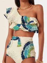 Beach Fashion Women&#39;s Chic Double-Layer Large Lotus Leaf One-Shoulder Split Biki - £17.02 GBP