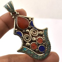 Coral Turquoise Lapis Lazuli Handmade Dual Tone Pendant Nepali 2.80&quot; SA 1076 - $5.99