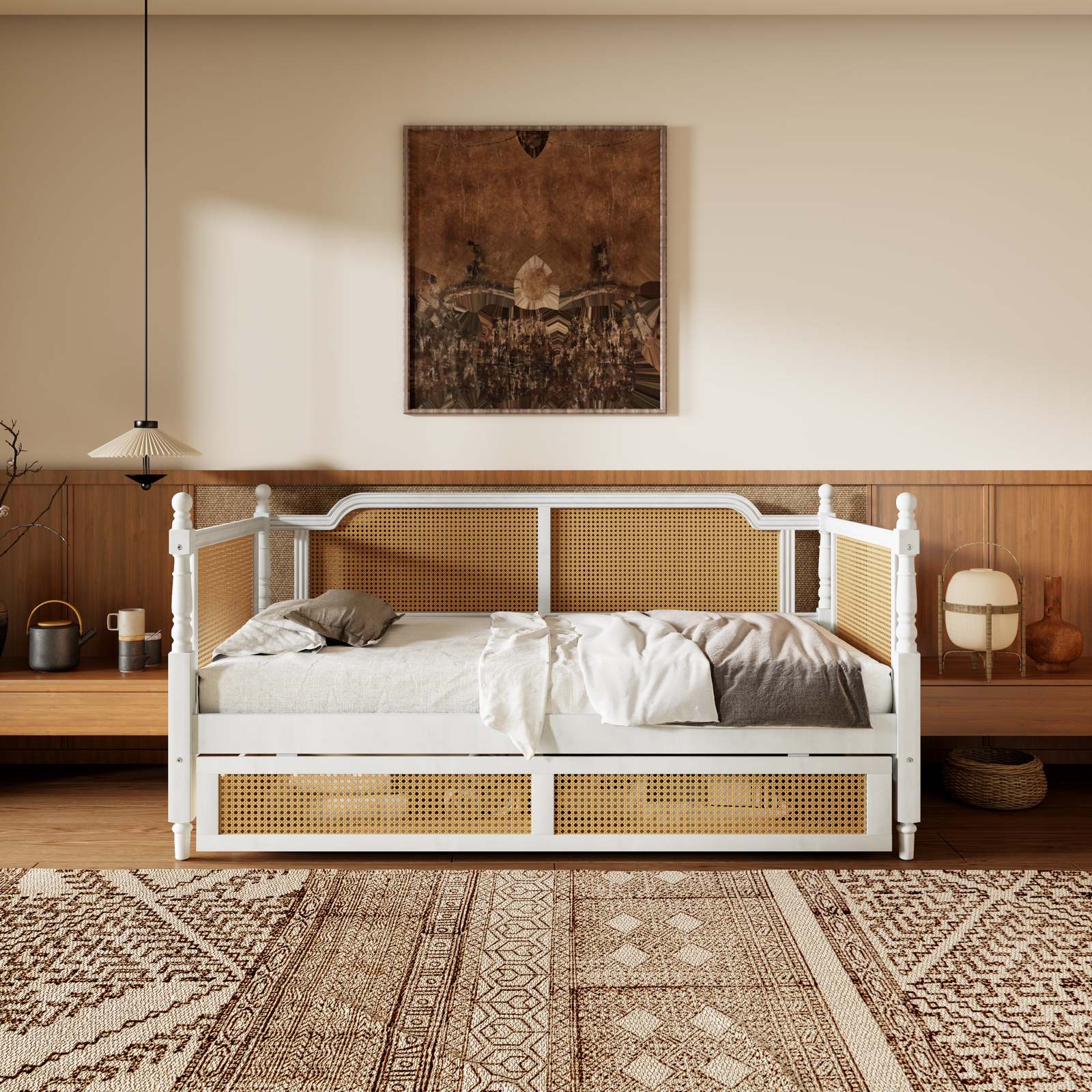 Rattan Twin Daybed with Drawers, Antique White Solid Pine Wood Item image 6