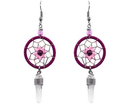 Daisy Flower Dream Catcher Long Natural Clear Quartz Crystal Dangle Earr... - $17.81