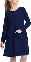 MERIABNY Girls LS Casual Knit Dress Navy Blue for 6-9 Years Old Key Hole Back - £11.09 GBP