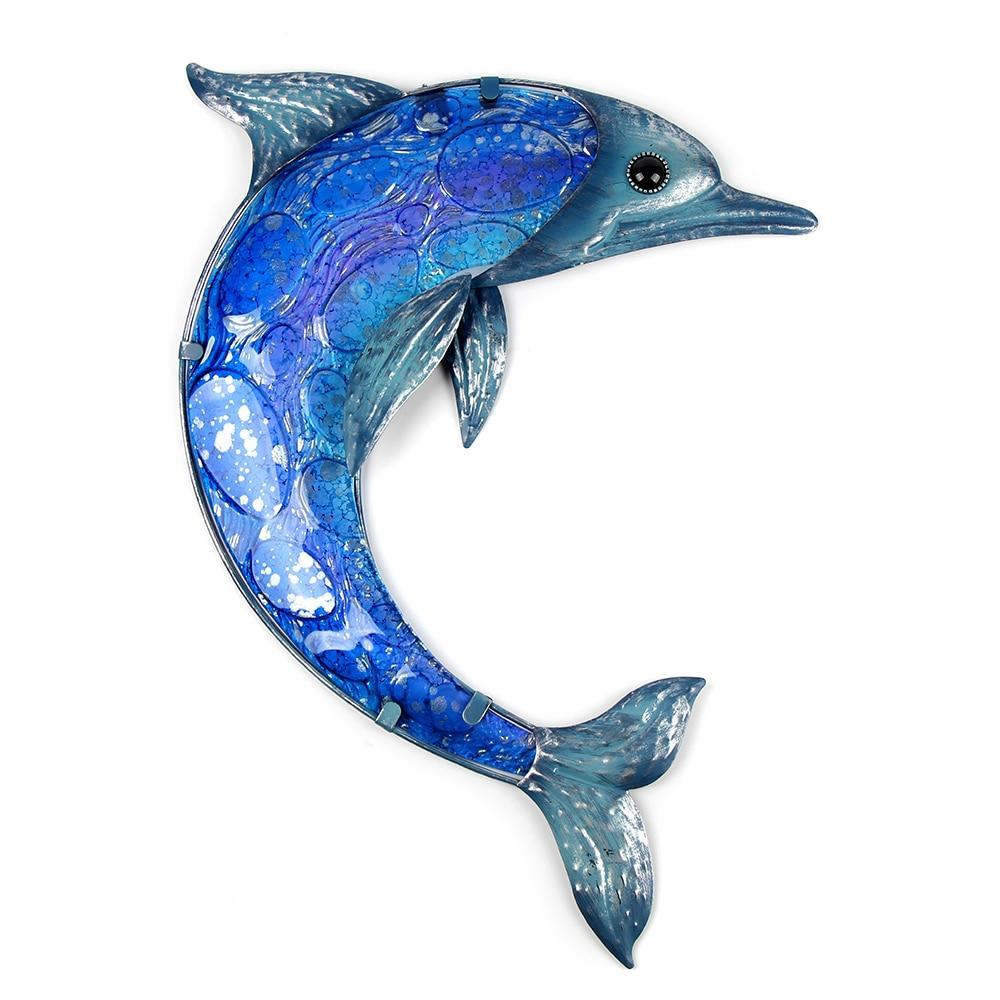 Handmade Garden Animal of Metal Dolphin Wall Artwork With Blue Painting Glass fo
