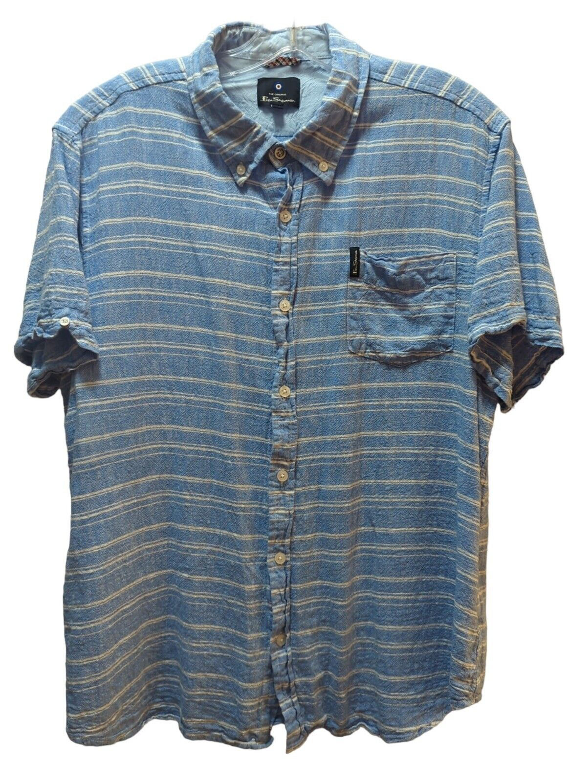 Ben Sherman The Original Button Short Sleeve Blue Linen Blend Pocket Shi... - $17.84