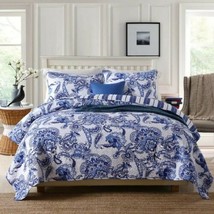 3pc. Blue Floral Queen 3-piece Cotton Bedspread Quilted Coverlet Set - £161.65 GBP