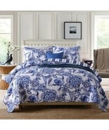 3pc. Blue Floral Queen 3-piece Cotton Bedspread Quilted Coverlet Set - £159.61 GBP