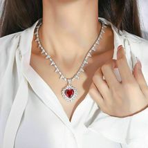 27 CT Heart Simulated Ruby 925 Silver Gold Plated Halo Tennis Necklace - £194.63 GBP