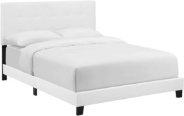 White Headboard And Tufted Fabric Upholstery On A Queen Bed Frame From Modway. - £161.62 GBP
