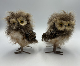 Pair of Pier 1 Owls Fuzzy  Sticks  Twigs Feathers  Figures Decor 6” Rustic - £11.68 GBP