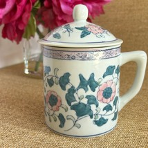 Vintage Pier 1 Floral Ceramic Tea Mug with Lid Pink Green Flowers China - $455.59 MXN