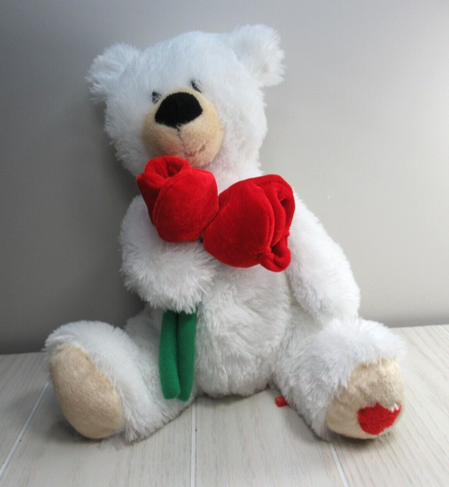 Primary image for Progressive Plush white sitting teddy bear heart foot  red tulips flowers roses