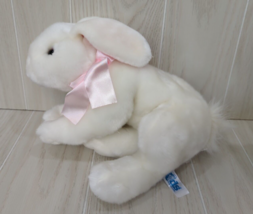 Kids of America white plush bunny rabbit realistic pink bow eyes stuffed w/beans - £11.86 GBP