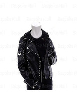 New Woman Black Moon Star Silver Studded Unique Cowhide Biker Leather Ja... - $229.99+