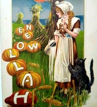 Halloween Postcard Fantasy John Winsch 1918 Original Black Cat Owl Pumpkins - £90.10 GBP