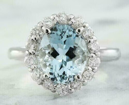 Halo 2Ct Oval Cut CZ Aquamarine Engagement Ring 14K White Gold Plated - £88.97 GBP